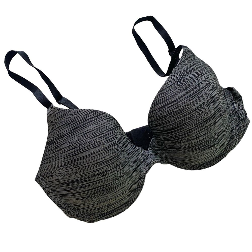 Victoria's Secret Women's Bra 34D Underwire Plunge Padded Black Gray Stripe
